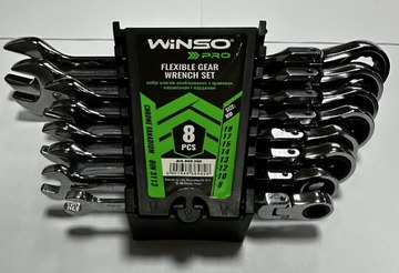 Набор ключей рожково-накидных с трещоткой и карданом (8 пред.) Winso Pro CR-V (8-19мм)