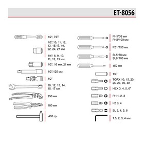 Набор инструментов (56 пред.) 1/2  1/4 Cr-V Intertool ET-8056